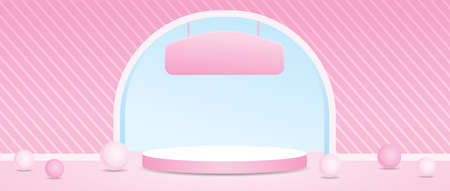 cute girly pastel pink product display podium with striped arch wall 3d illustration vector for putting your objectのイラスト素材