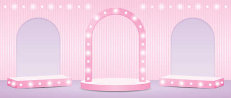 girly light bulb arch backdrop stage and display box on sweet pastel background 3d illustration vector for putting your objectのイラスト素材