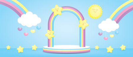 <p>colorful rainbow arch and podium display stage with cute kawaii star and sun and cloud on pastel blue floor and wall 3d illustration vector scene for putting object</p>のイラスト素材