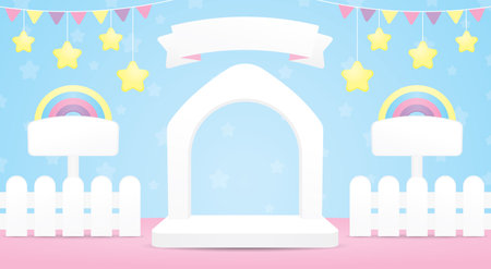 cute white house shape arch frame backdrop display stage scene with fence and rainbow signboard and hanging stars 3d illustration vector in kawaii styleのイラスト素材