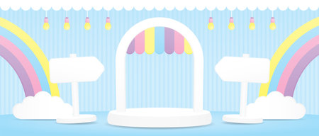 cute arch display stand with colorful pastel awning and rainbow and white signboard on blue floor and wall 3d illustration vector for putting object in kawaii styleのイラスト素材