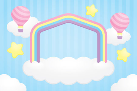 cute house shape rainbow arch and white cloud base with kawaii air balloon and stars graphic element on pastel blue background illustration vectorのイラスト素材