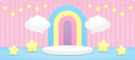 cute kawaii colorful rainbow arch display and podium with cloud speech bubble and hanging stars 3d illustration vector for putting product or objectのイラスト素材