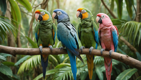 Colourful macaws sitting on a branch in the jungle.   ai generated.âThis image was created using generative artificial intelligence toolsの素材