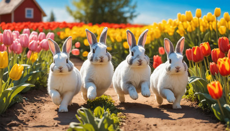 Group of three little white rabbits with colorful tulips in the garden   ai generated.âThis image was created using generative artificial intelligence toolsの素材