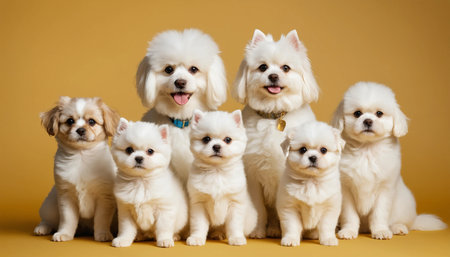 Group of white pomeranian puppies sitting in a row on yellow background ai generated.の素材