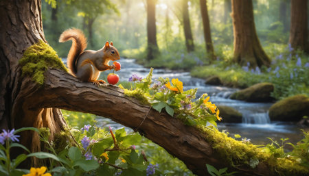 Squirrel in the forest with autumnal flowers and a red apple.ai generatedの素材