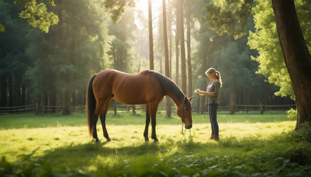 Young woman with brown horse on green meadow at sunset in summer ai generated.の素材