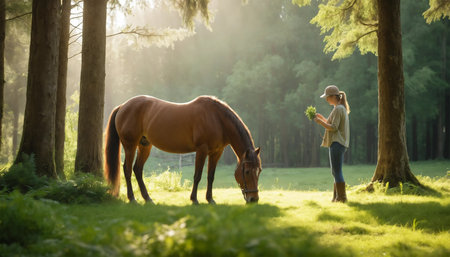 Young woman feeding a horse in the forest at sunset, back view  ai generated.âThis image was created using generative artificial intelligence toolsの素材