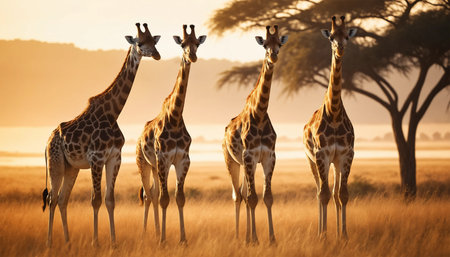 Giraffes in Serengeti National Park, Tanzania     ai generated.âThis image was created using generative artificial intelligence tools and enhanced using digital illustrationの素材