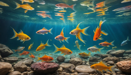 Underwater view of fishes swimming in aquarium. Colorful tropical fish. ai generated.âThis image was created using generative artificial intelligence toolsの素材