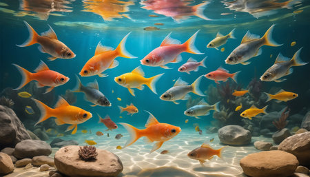 Tropical fishes in the aquarium. Colorful underwater world. ai generated.âThis image was created using generative artificial intelligence toolsの素材