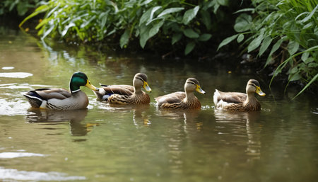 Mallard ducks (Anas platyrhynchos) swimming in a pond   ai generated.âThis image was created using generative artificial intelligence toolsの素材
