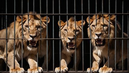 Lion in a cage behind bars, close-up view.   ai generated.âThis image was created using generative artificial intelligence toolsの素材