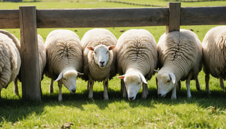 Flock of sheep on a green meadow in a sunny day. ai generated.âThis image was created using generative artificial intelligence toolsの素材