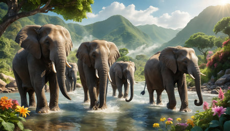 Elephants in the jungle of the island of Madeira, Portugal ai generated.âThis image was created using generative artificial intelligence toolsの素材