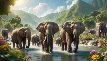 Elephants bathing in a small river in the jungle of Sri Lanka  ai generated.âThis image was created using generative artificial intelligence toolsの素材