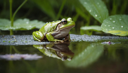European tree frog (Hyla arborea) in the rain  ai generated.âThis image was created using generative artificial intelligence tools and enhanced using digital illustrationの素材