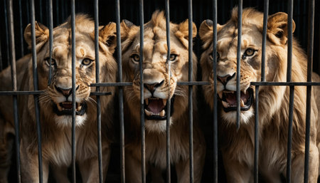 Lion in a cage. The concept of protection of animals. ai generated.âThis image was created using generative artificial intelligence toolsの素材