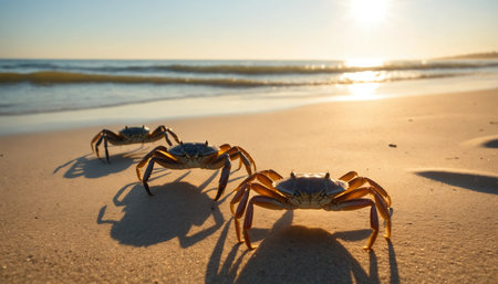 Two crabs on the beach at sunset. Shallow depth of field. ai generated.âThis image was created using generative artificial intelligence toolsの素材