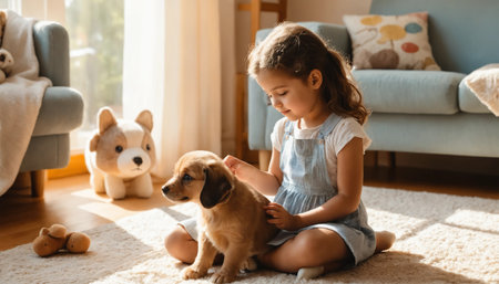 Cute little girl sitting on the floor with her puppy at home ai generated.âThis image was created using generative artificial intelligence toolsの素材