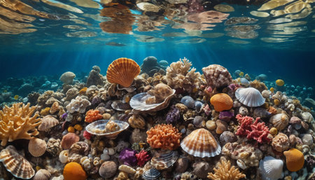 Underwater view of a tropical coral reef with hard corals and shells. ai generated.の素材