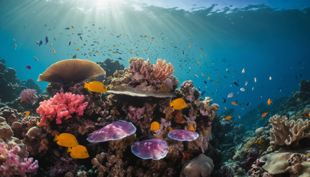 Underwater view of a tropical coral reef with fish and hard corals  ai generated.âThis image was created using generative artificial intelligence toolsの素材