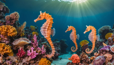 Underwater view of seahorse on a tropical coral reef.      ai generated.âThis image was created using generative artificial intelligence toolsの素材