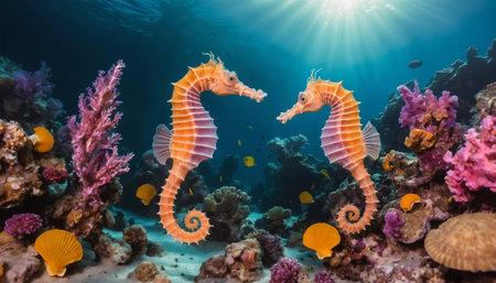 Two seahorses on the coral reef in the Red Sea.  ai generated.âThis image was created using generative artificial intelligence toolsの素材