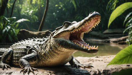 Crocodile with open mouth in the jungle. Close up. ai generated.âThis image was created using generative artificial intelligence toolsの素材