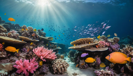 Tropical coral reef with hard corals and tropical fish.  ai generated.âThis image was created using generative artificial intelligence toolsの素材