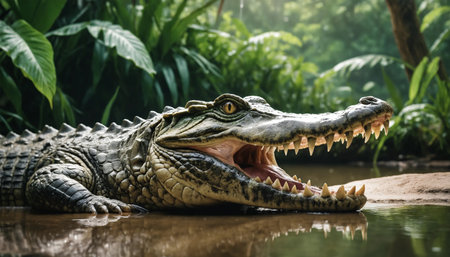 Crocodile with open mouth in the rainforest of Thailand ai generated.âThis image was created using generative artificial intelligence toolsの素材