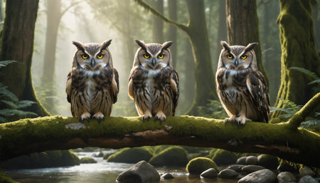 Three beautiful owls sitting on a branch in a misty forest ai generated.âThis image was created using generative artificial intelligence toolsの素材