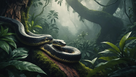 3D Rendering of a snake in the jungle. 3D Rendering ai generated.âThis image was created using generative artificial intelligence toolsの素材