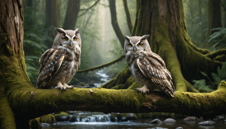 Two great horned owls sitting on a branch in the forest ai generated.âThis image was created using generative artificial intelligence tools and enhancedの素材