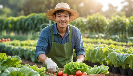 Portrait of young Asian farmer standing in the vegetable garden and looking at camera ai generated.âThis image was created using generative artificial intelligence toolsの素材