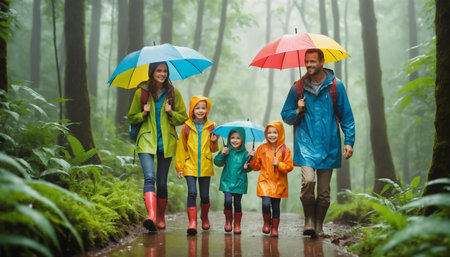 Happy family of four in raincoats with umbrellas in rain forest ai generated.âThis image was created using generative artificialの素材