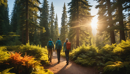 Couple of hikers walking in the forest at sunset. Lifestyle adventure concept ai generated.âThis image was created using generative artificial intelligence toolsの素材