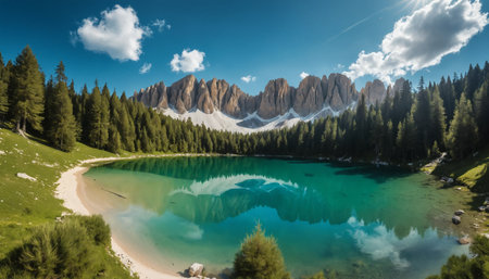Panoramic view of the lake in Dolomites, Italy ai generated.âThis image was created using generative artificial intelligence toolsの素材