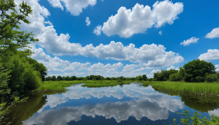 Blue sky and clouds reflected in the lake. Beautiful nature background. ai generated.âThis image was created using generative artificial intelligence toolsの素材