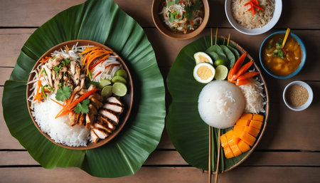 Rice with chicken and vegetables, Thai food on wooden background. ai generated.âThis image was created using generative artificial intelligence toolsの素材