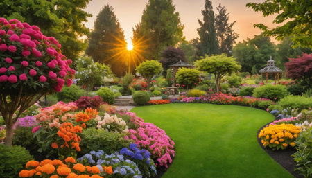 Beautiful landscaped flower garden in the morning at sunrise time. ai generated.âThis image was created using generative artificial intelligence toolsの素材