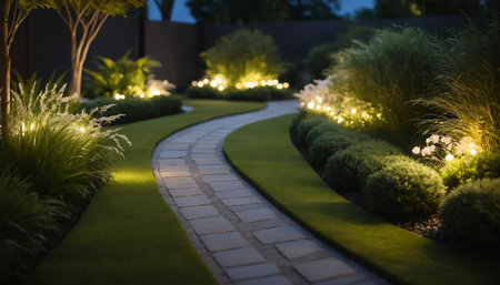 Path in the garden at night with green grass and flowers in the foreground ai generated.âThis image was created using generative artificial intelligence toolsの素材