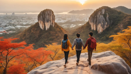 two asian backpacker man and woman travel on mountain with sunset in the morning ai generated.âThis image was created using generative artificial intelligence toolsの素材