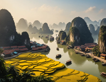 Landscape scenery view of karst mountains and river in Yangshuo Guilin, China ai generated.âThis image was created using generative artificial intelligence toolsの素材