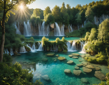 Plitvice Lakes National Park in Croatia. Waterfalls and waterfalls ai generated.âThis image was created using generative artificial intelligence toolsの素材