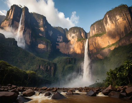 Panoramic view of the waterfall in the deep forest. Vinales Valley, Cuba ai generated.âThis image was created using generative artificial intelligence toolsの素材