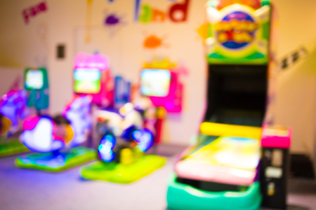 Arcade game machine shop blur background with bokeh image .の写真素材