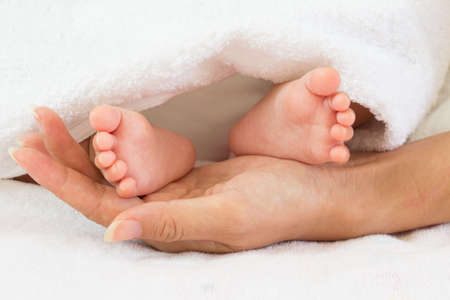 Photo of baby feet and mother hand.