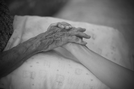 Hands of the old woman. Black and White.の写真素材